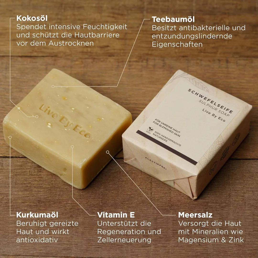 Schwefelseife Inhaltsstoffe – Kokosöl, Teebaumöl, Kurkumaöl, Vitamin E und Meersalz